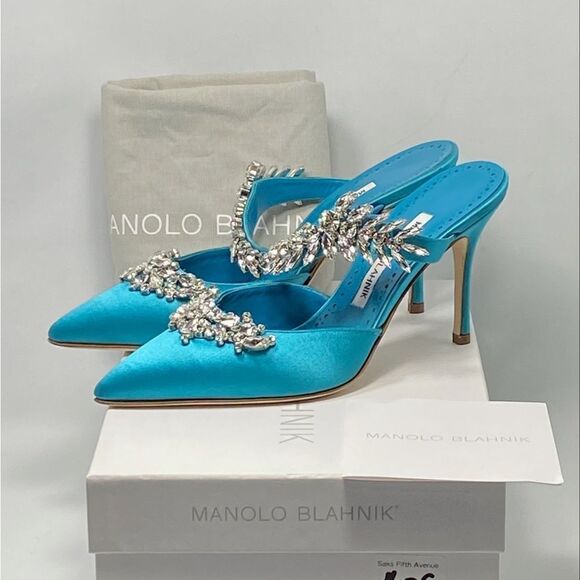Manolo Blahnik Lurum 90 Embellished Satin Mules size 37 - Picture 11 of 13